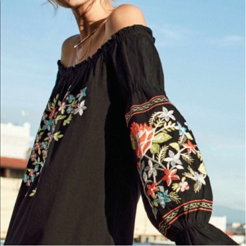 Free People Black Fleur Du‎ Jour Embroidered Mini Dress Size Extra Small - Picture 2 of 14